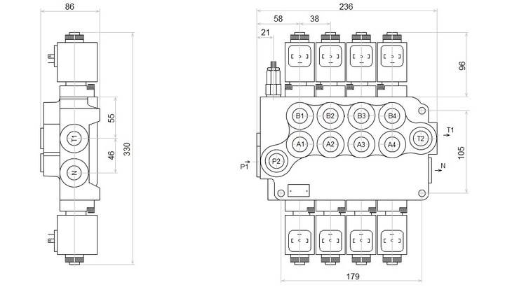 ROZDZIELACZ HYDRAULICZNY 4 SEKCJE ELEKTRYCZNY 24V 80L