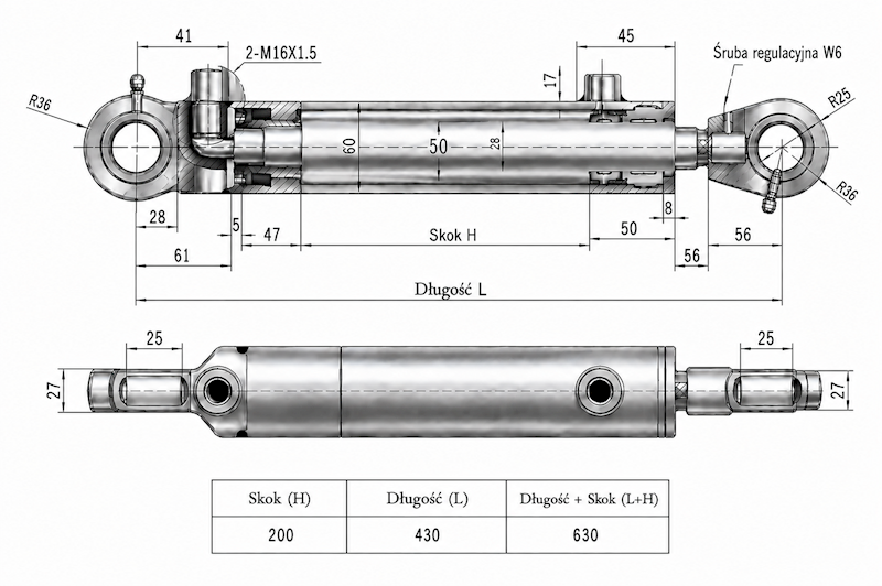 Siłownik hydrauliczny 50/28 skok 200 U25 2-stronny