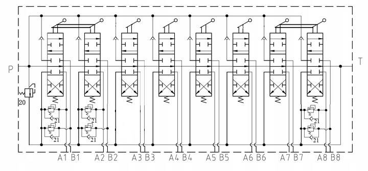 ROZDZIELACZ HYDRAULICZNY DO MASZYN LEŚNYCH 8 SEKCJI 90L Z TRZEMA ZAWORAMI