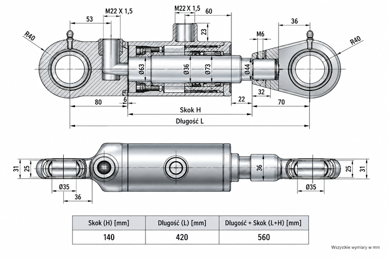 Siłownik Hydrauliczny 63/36 skok 140 U35 2-stronny