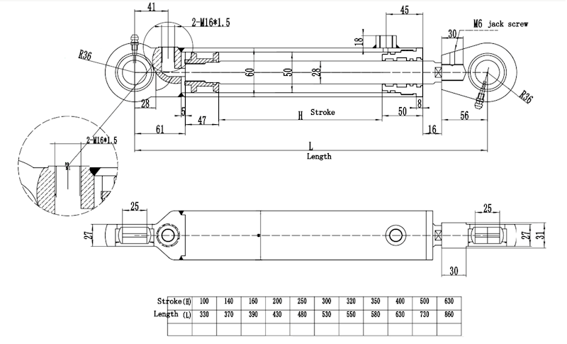 Siłownik Hydrauliczny 50/28 skok 300 U25 2-stronny