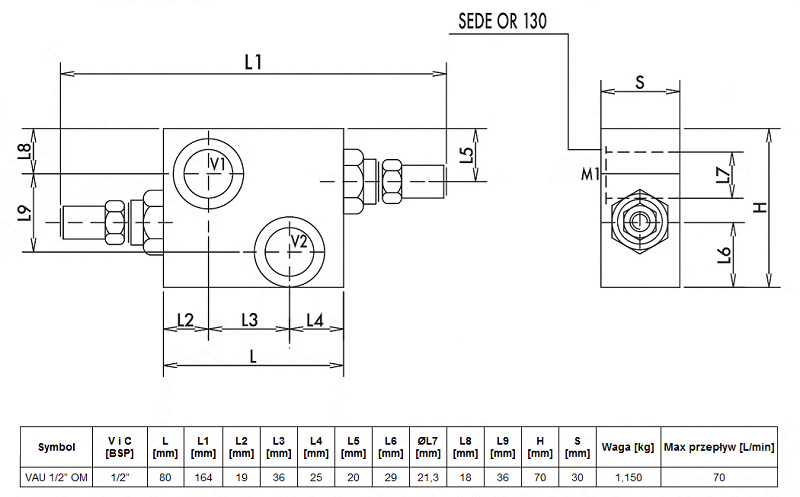 Zawór przelewowy krzyżowy VAU OM BSP 1/2" 60L/min 50-200bar