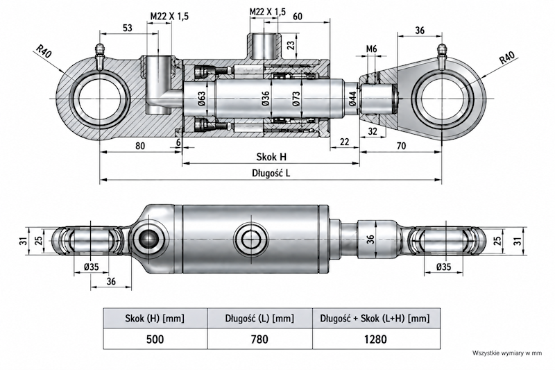 Siłownik Hydrauliczny 63/36 skok 500 U35 2-stronny