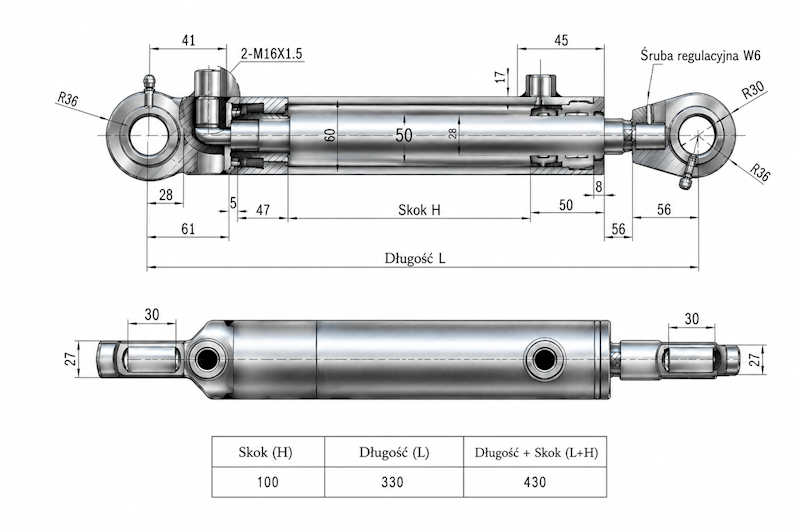 Siłownik Hydrauliczny 50/28 skok 100 U30 2-stronny