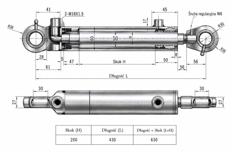 Siłownik Hydrauliczny 50/28 skok 200 U30 2-stronny