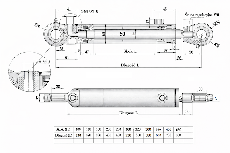 Siłownik Hydrauliczny 50/28 skok 350 U30 2-stronny