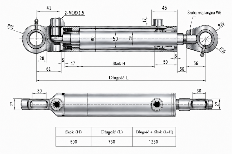 Siłownik Hydrauliczny 50/28 skok 500 U30 2-stronny
