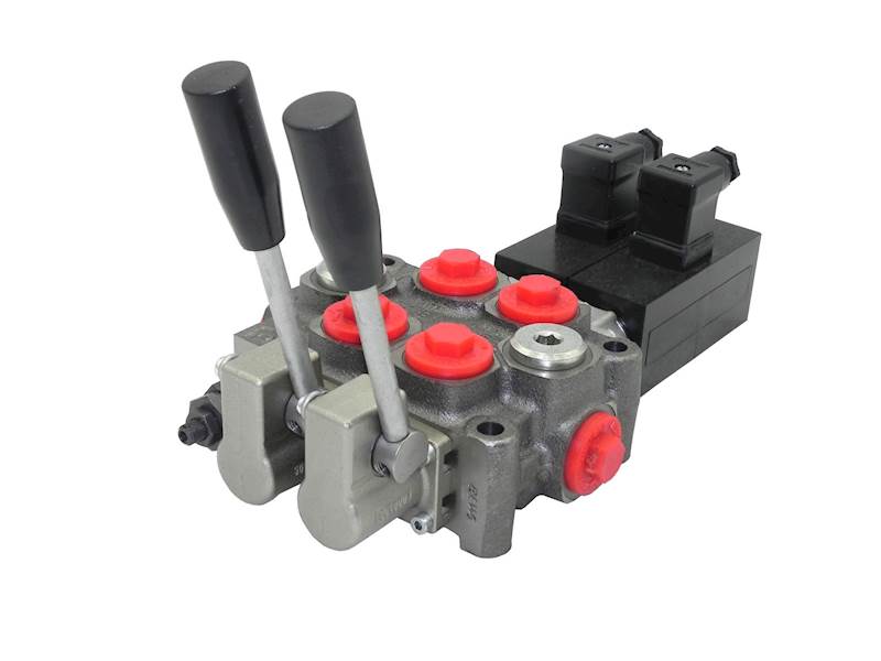 ROZDZIELACZ HYDRAULICZNY ELEKTRYCZNY + DŹWIGNIE 2 SEKCYJNY Q45 60L 24V
