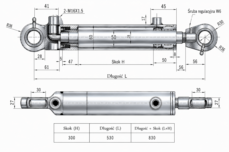 Siłownik Hydrauliczny 50/28 skok 300 U30 2-stronny