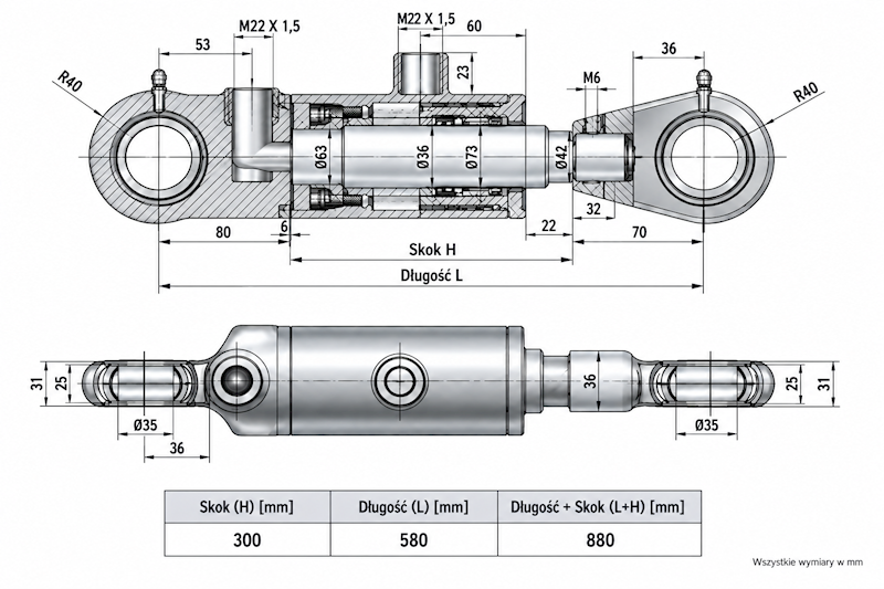 Siłownik Hydrauliczny 63/36 skok 300 U35 2-stronny