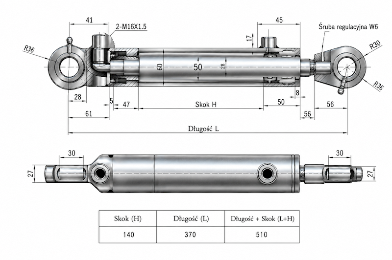 Siłownik Hydrauliczny 50/28 skok 140 U30 2-stronny