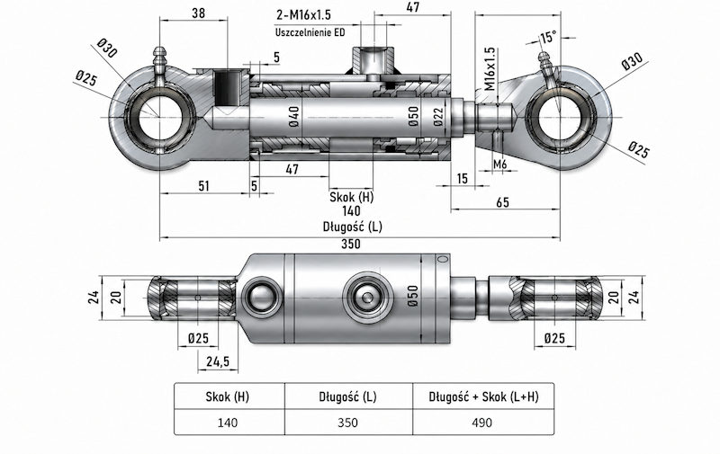Siłownik Hydrauliczny 40/22 skok 140 U25 2-stronny