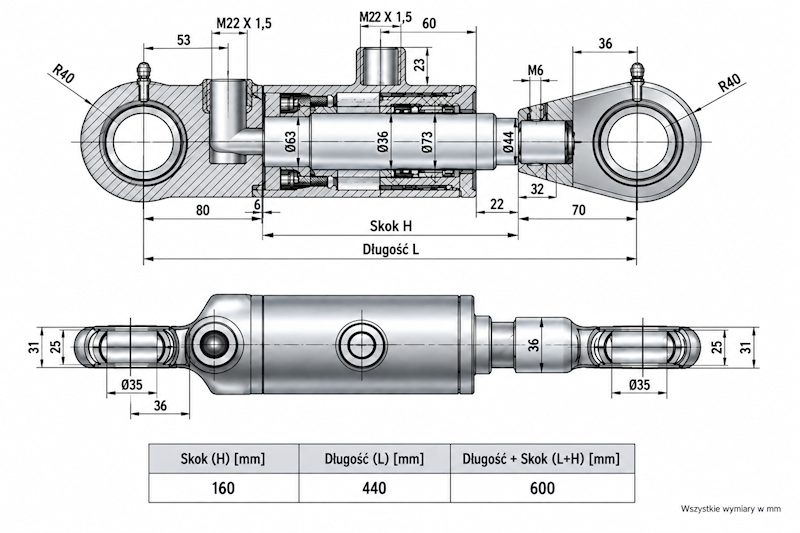 Siłownik Hydrauliczny 63/36 skok 160 U35 2-stronny