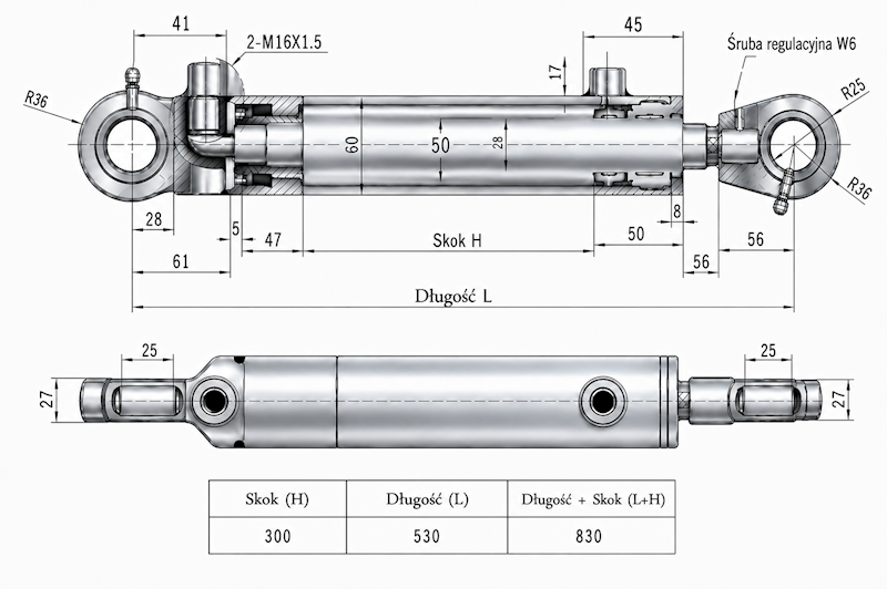 Siłownik Hydrauliczny 50/28 skok 300 U25 2-stronny
