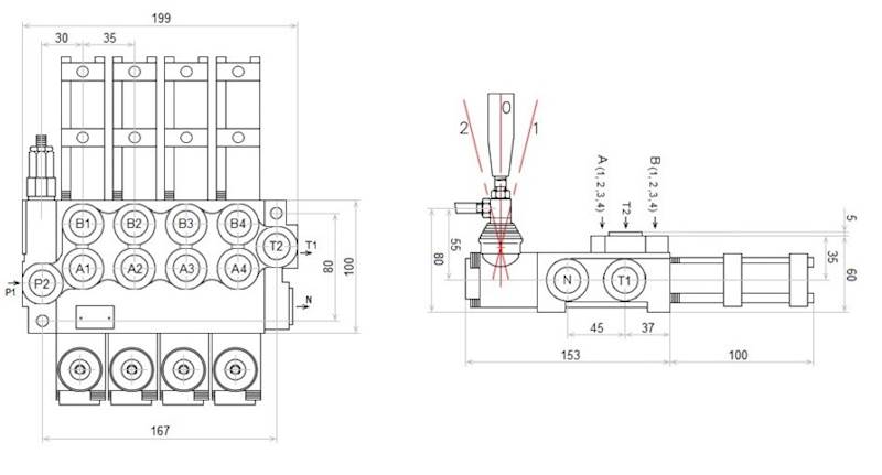 ROZDZIELACZ HYDRAULICZNY 4 SEKCYJNY 40L STEROWANIE PNEUMATYCZNIE 4 SEKCJE 24V