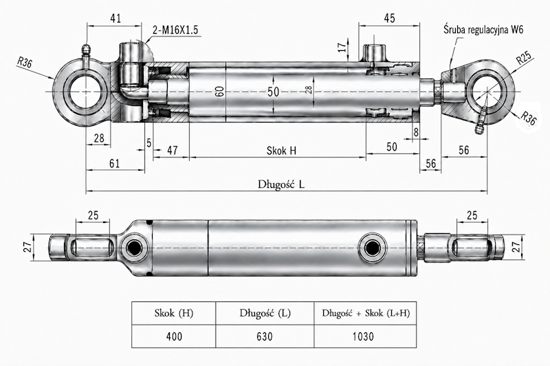 Siłownik Hydrauliczny 50/28 skok 400 U25 2-stronny