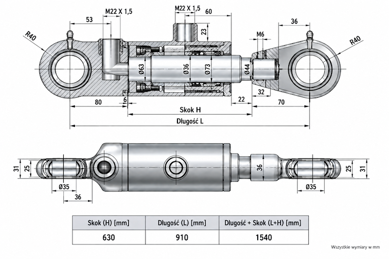 Siłownik Hydrauliczny 63/36 skok 630 U35 2-stronny