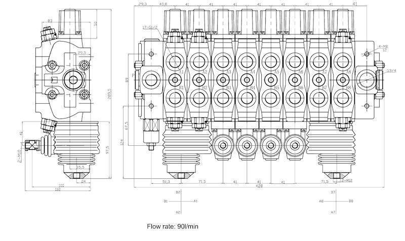 ROZDZIELACZ HYDRAULICZNY DO MASZYN LEŚNYCH 8 SEKCJI 90L Z ZAWORAMI