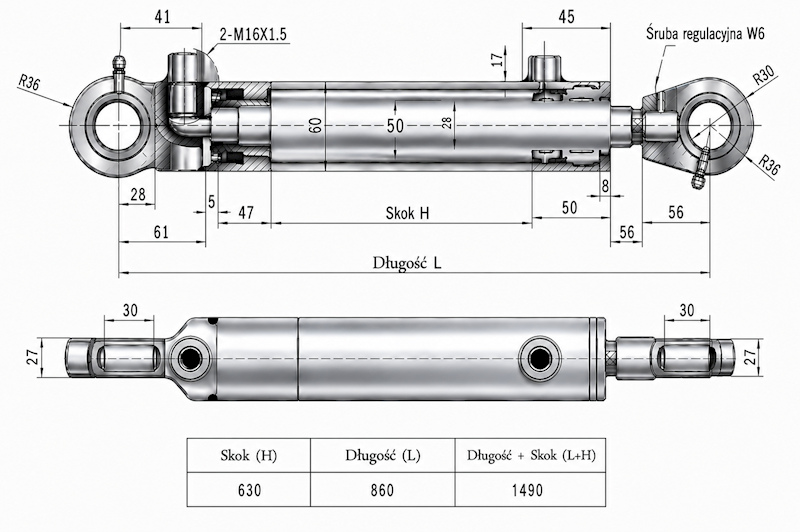 Siłownik Hydrauliczny 50/28 skok 630 U30 2-stronny