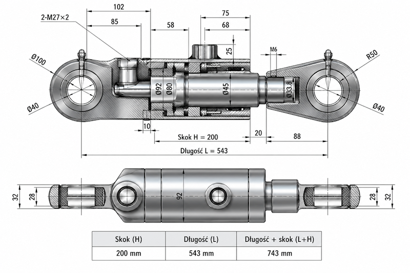 Siłownik Hydrauliczny 80/45 skok 200 U40 2-stronny do łyżki skarpowej