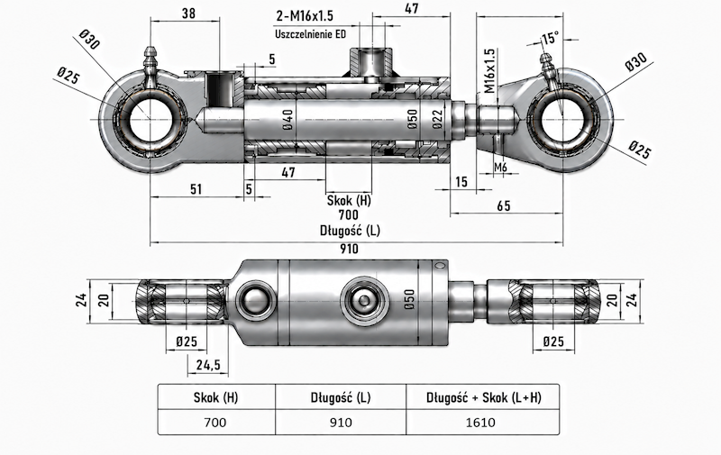 Siłownik Hydrauliczny 40/22 skok 700 U25 2-stronny