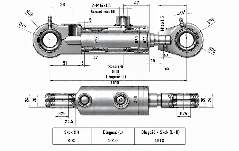 Siłownik Hydrauliczny 40/22 skok 800 U25 2-stronny