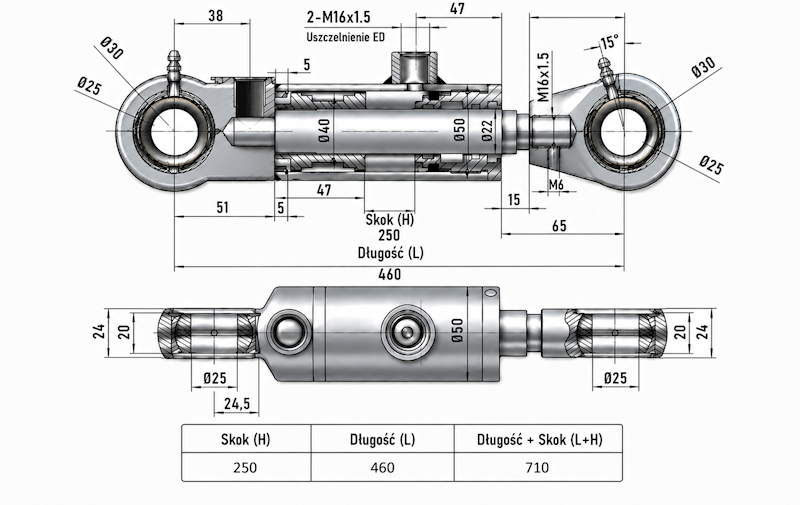 Siłownik Hydrauliczny 40/22 skok 250 U25 2-stronny
