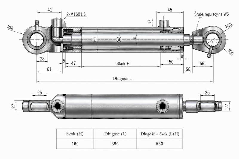 Siłownik hydrauliczny 50/28 skok 160 U25 2-stronny