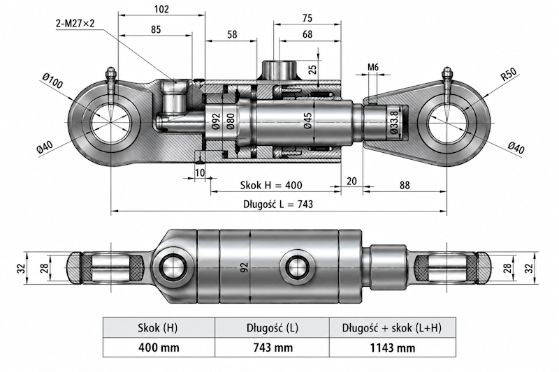 Siłownik Hydrauliczny 80/45 skok 400 U40 2-stronny