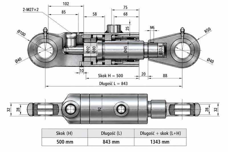 Siłownik Hydrauliczny 80/45 skok 500 U40 2-stronny do łuparki