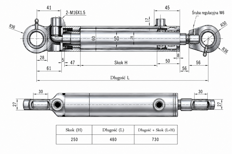 Siłownik Hydrauliczny 50/28 skok 250 U30 2-stronny