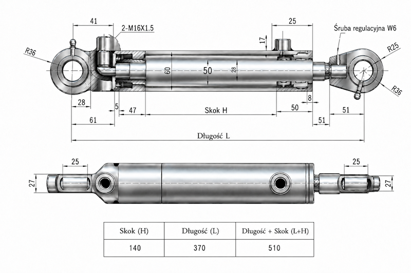 Siłownik hydrauliczny 50/28 skok 140 U25 2-stronny
