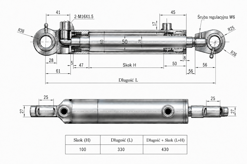 Siłownik Hydrauliczny 50/28 skok 100 U25 2-stronny
