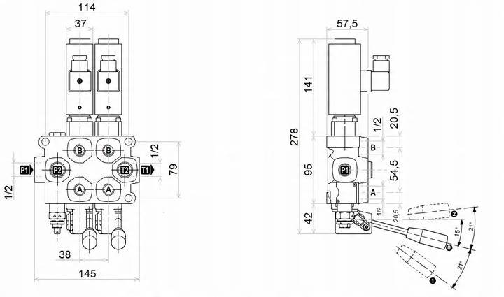 ROZDZIELACZ HYDRAULICZNY ELEKTRYCZNY + DŹWIGNIE 2 SEKCYJNY Q45 60L 12V