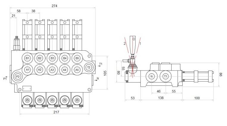 ROZDZIELACZ HYDRAULICZNY 5 SEKCYJNY 80L STEROWANIE PNEUMATYCZNIE 5 SEKCJI 24V