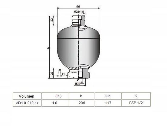 HYDROAKUMULATOR AMORTYZATOR HYDRAULICZNY 1L BSP 1/2'' WĄSKI