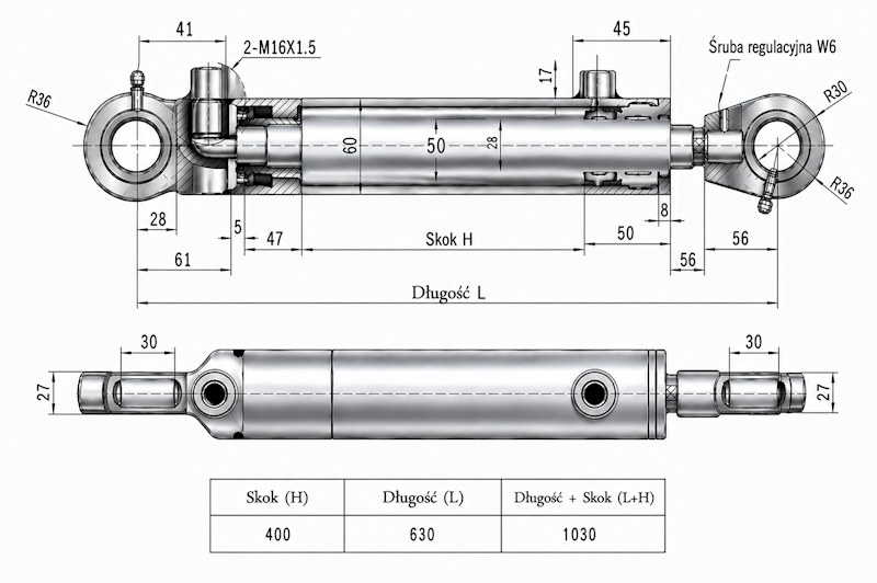 Siłownik Hydrauliczny 50/28 skok 400 U30 2-stronny