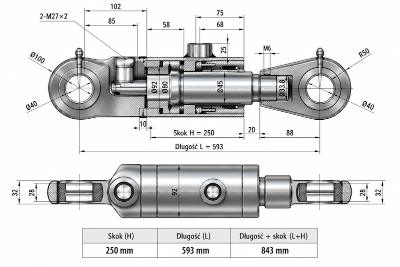 Siłownik Hydrauliczny 80/45 skok 250 U40 2-stronny