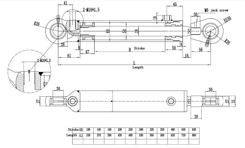 Siłownik Hydrauliczny 50/28 skok 350 U30 2-stronny