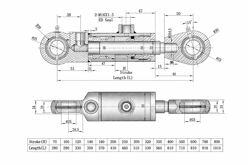 Siłownik Hydrauliczny 40/22 skok 800 U25 2-stronny