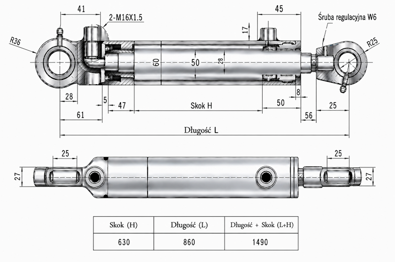 Siłownik Hydrauliczny 50/28 skok 630 U25 2-stronny