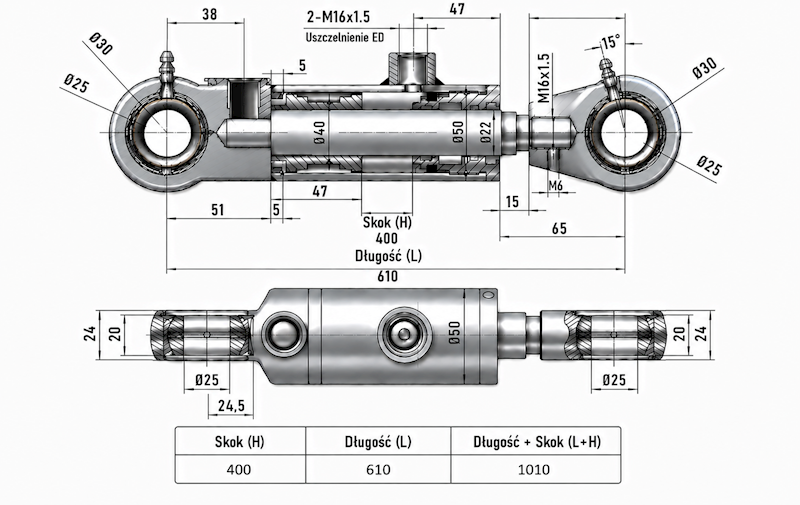 Siłownik Hydrauliczny 40/22 skok 400 U25 2-stronny