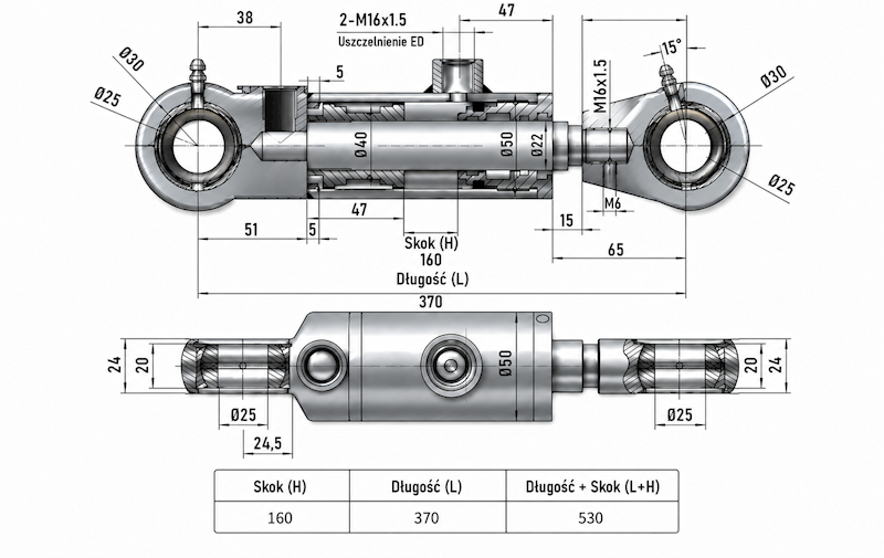 Siłownik Hydrauliczny 40/22 skok 160 U25 2-stronny