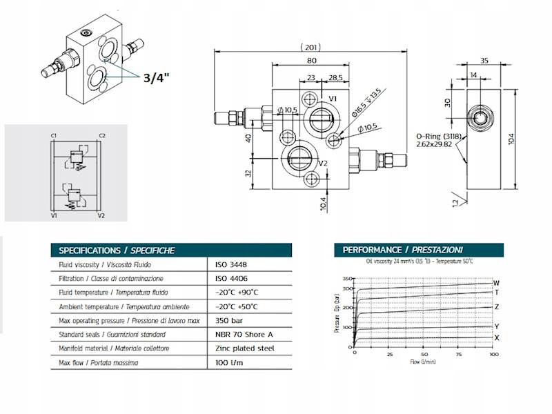 ZAWÓR HYDRAULICZNY PRZELEWOWY KRZYŻOWY VAU 3/4" 100L/min 50-250bar BVT 210