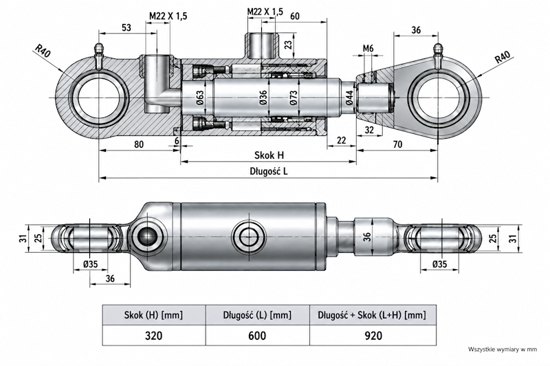 Siłownik Hydrauliczny 63/36 skok 320 U35 2-stronny
