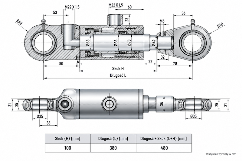 Siłownik Hydrauliczny 63/36 skok 100 U35 2-stronny