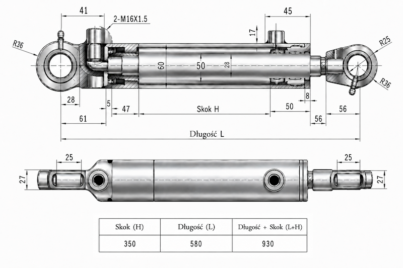 Siłownik Hydrauliczny 50/28 skok 350 U25 2-stronny