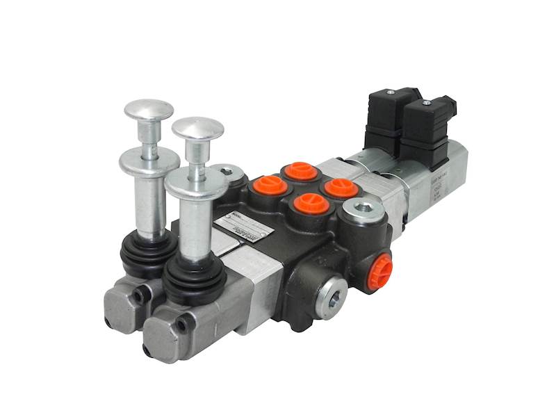 ROZDZIELACZ HYDRAULICZNY 2 SEKCJE 50L ELEKTRYCZNY 12V Z DŹWIGNIAMI