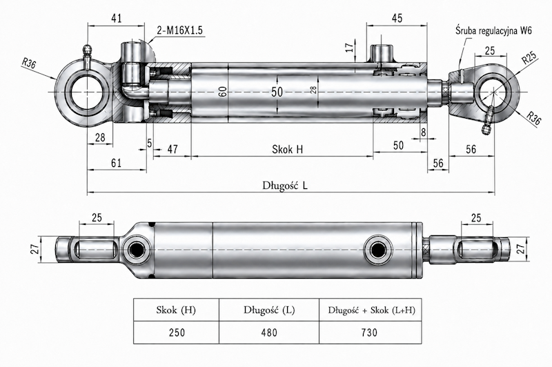 Siłownik Hydrauliczny 50/28 skok 250 U25 2-stronny
