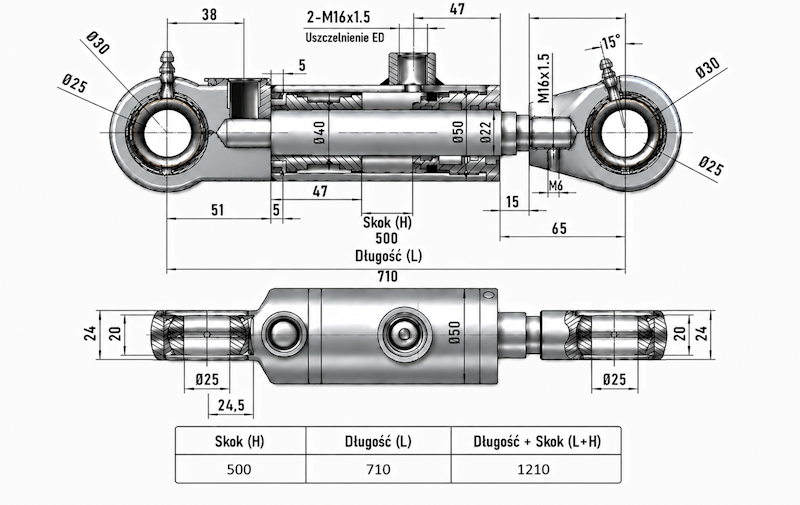 Siłownik Hydrauliczny 40/22 skok 500 U25 2-stronny